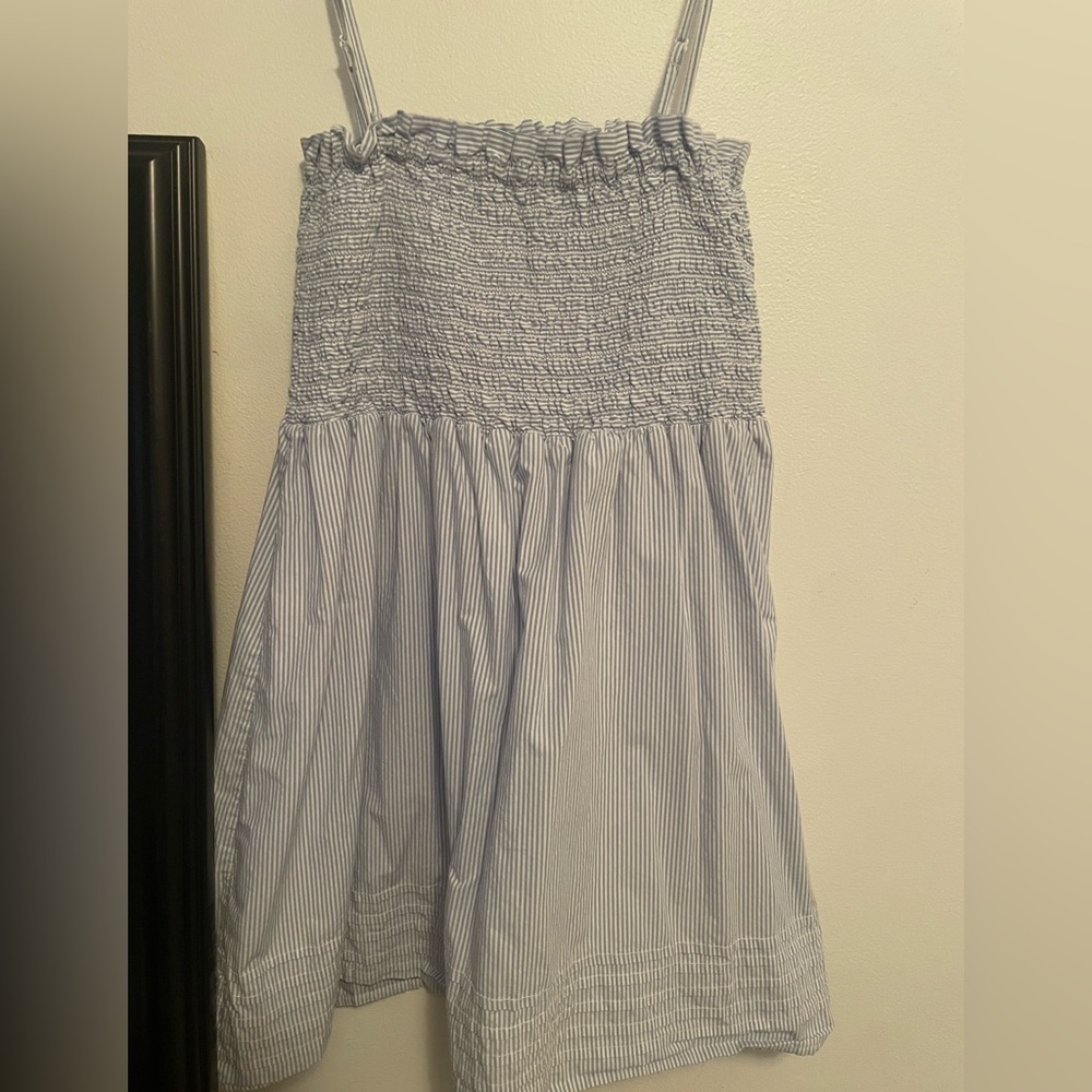 American Eagle Outfitters Blue and White Striped Smocked Midi Skirt